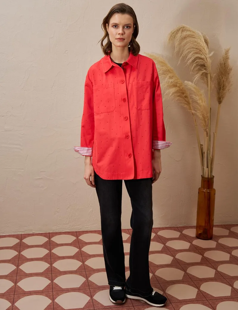 Kayra Double Pocket Hotfix Printed Blouse Red