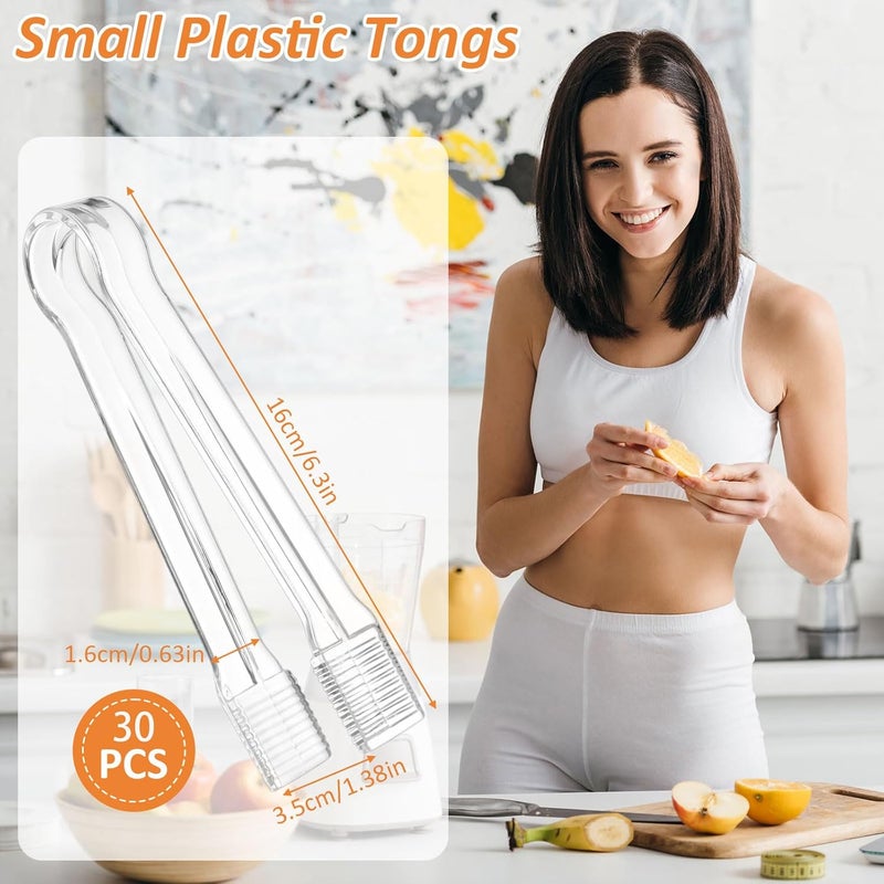 PEASUG 30 PCS Plastic Serving Tongs, Disposable Plastic Tongs, Clear Kitchen Small Serving Utensils for Serving for Party Food Buffet Appetizer Salad Catering Ice, 6.3 Inches - Image 2