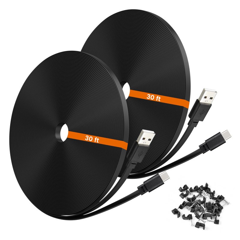 weishan 2-Pack 30ft USB C Power Extension Cable Compatible with Ring Pan-Tilt Indoor Cam 2024 Release & WYZE Duo Cam Pan, Pan V4 2025 Security Camera - 9m Type-C Long Flat Charging Cord for CCTV Cam, Black - Image 1