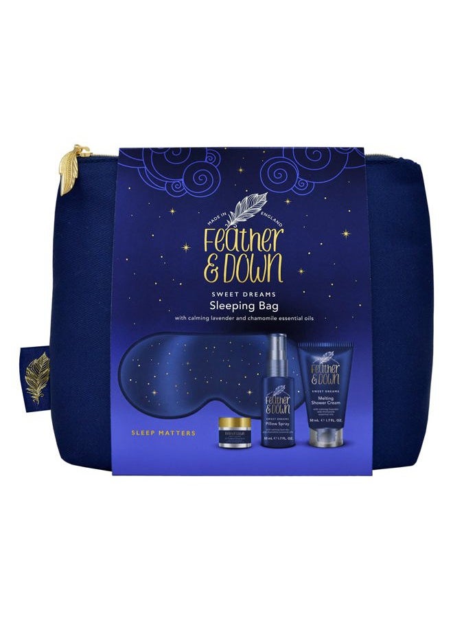 Feather & Down Sleeping Bag Gift Set: Luxury Eye Mask, Sleep Balm, Pillow Spray and Shower Cream, with Calming Lavender & Chamomile Essential Oils, Vegan & Cruelty Free  - Image 1