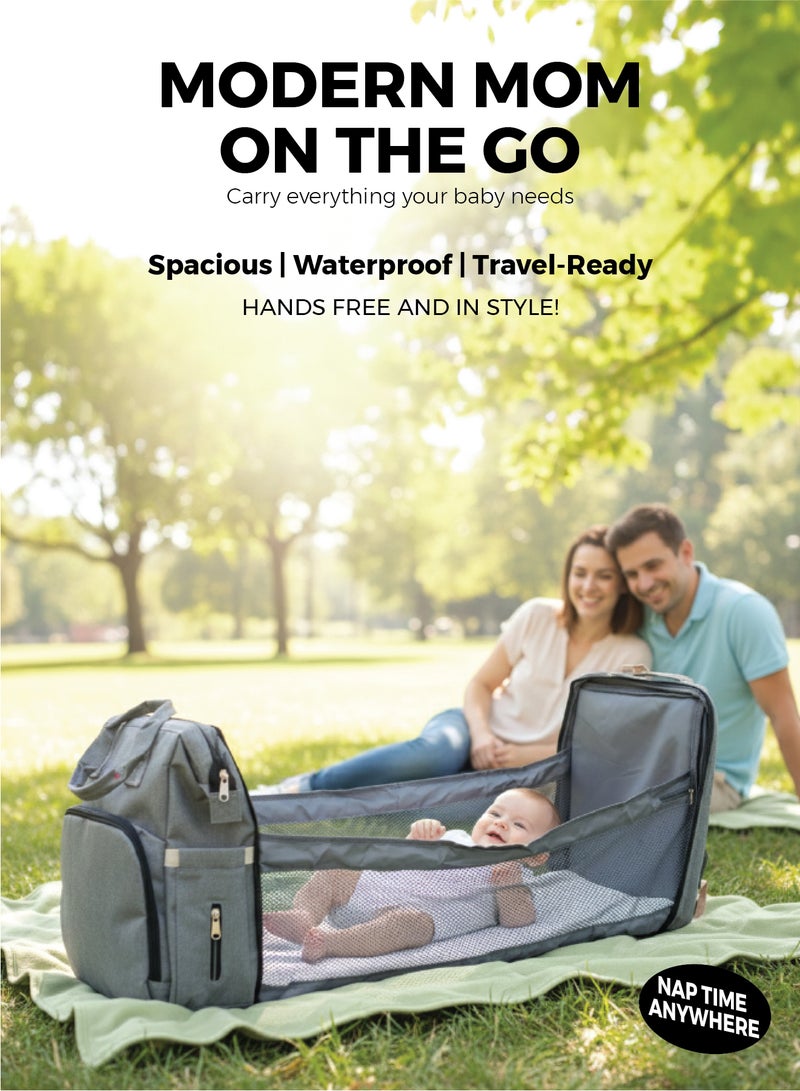 زينيث حقيبة حفاضات زينيتو 2×1 (ظهر/سرير قابل للطي) | محطة تغيير متنقلة، سعة كبيرة، متعددة الوظائف للسفر - رمادي للأولاد والبنات - Image 2