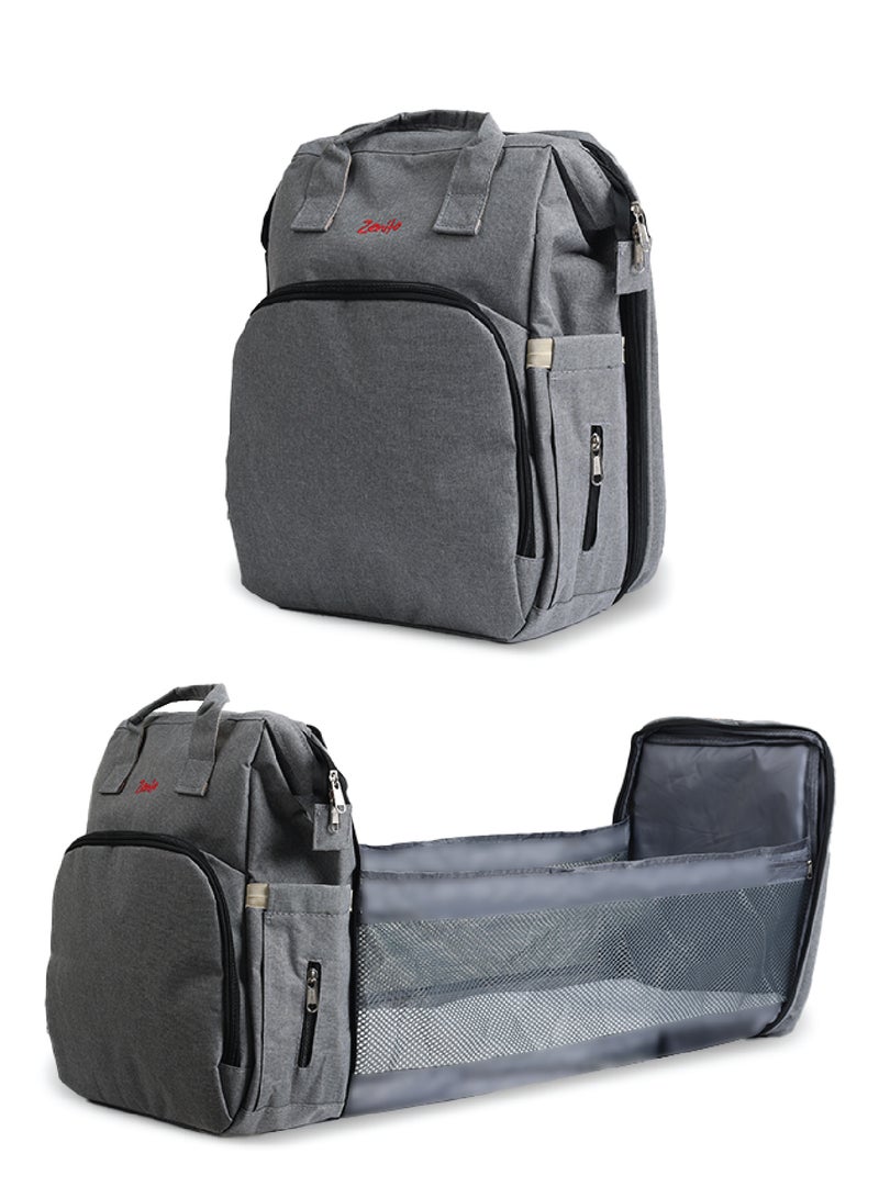 زينيث حقيبة حفاضات زينيتو 2×1 (ظهر/سرير قابل للطي) | محطة تغيير متنقلة، سعة كبيرة، متعددة الوظائف للسفر - رمادي للأولاد والبنات - Image 1