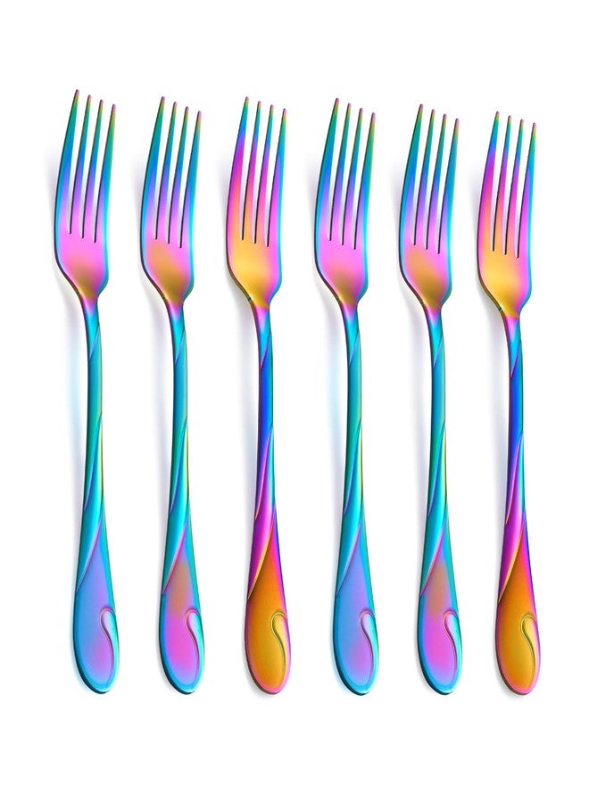 Seeshine Rainbow Salad Fork Set, 6.9-inch Stainless Steel Dessert Forks, 6-Piece Shiny Metal Small Cake Fork, Iridescent Silverware Set, Dishwasher Safe - Image 1