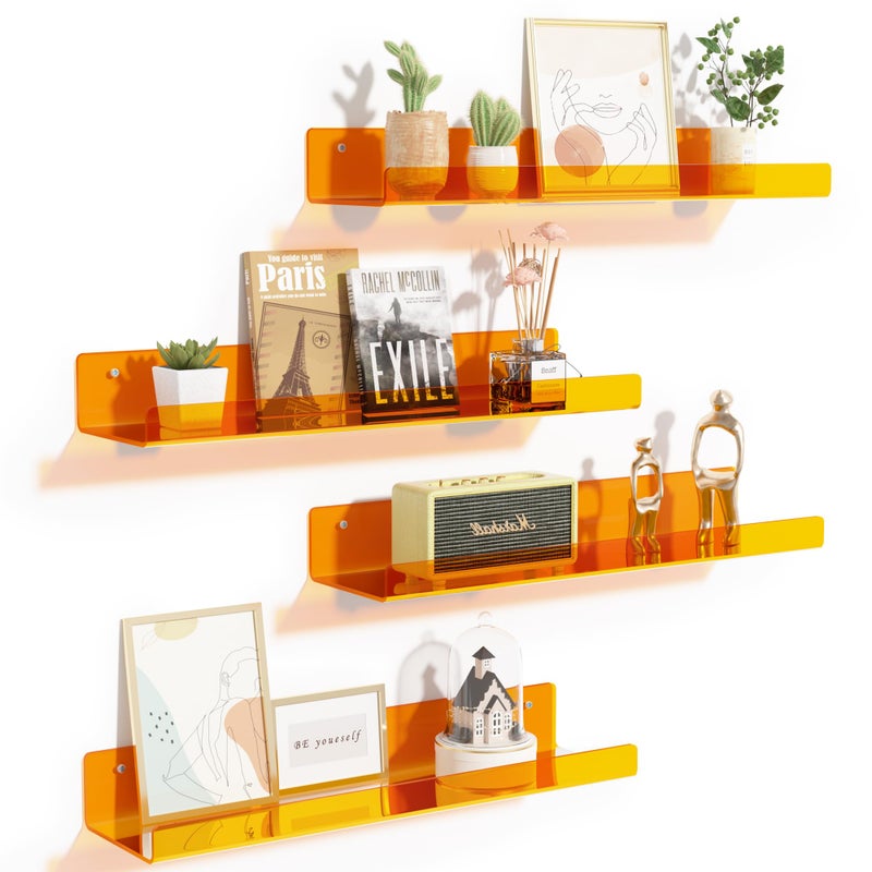 upsimples upsimples Acrylic Shelves for Wall Decor 15 Display Shelf Perfume Organizer for Bathroom Bedroom Living Room Floating Bookshelves for Kids Clear Orange 4 Pack