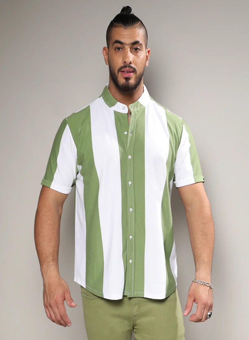 انستافاب بلس Instafab Plus Men's Chalk White & Olive Green Bengal Striped Shirt For Casual Wear | Mandarin Collar | Short Sleeve | Button Closure | Shirt Crafted With Comfort With For Everyday Wear