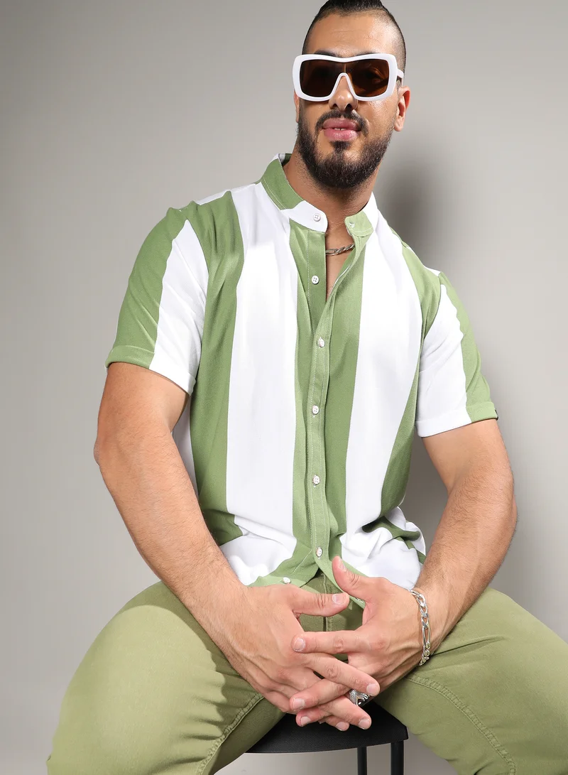 انستافاب بلس Instafab Plus Men's Chalk White & Olive Green Bengal Striped Shirt For Casual Wear | Mandarin Collar | Short Sleeve | Button Closure | Shirt Crafted With Comfort With For Everyday Wear