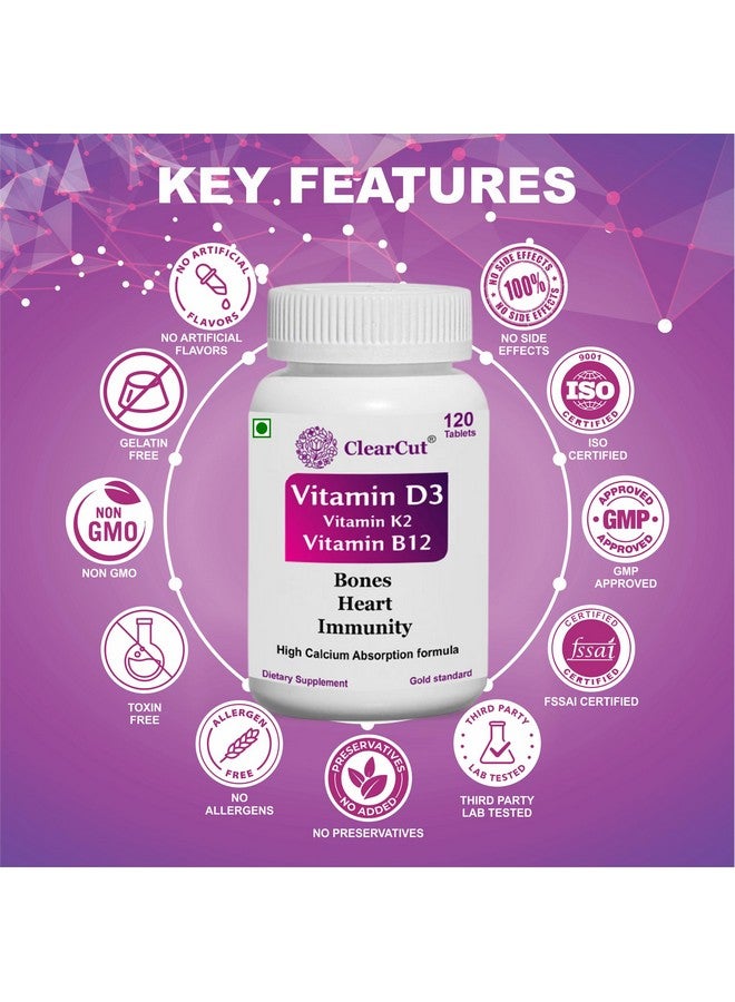 ClearCut Vitamin D3 K2 B12 Calcium tablet Joints bones Boosting Immunity supplement for men women 120 - Image 5