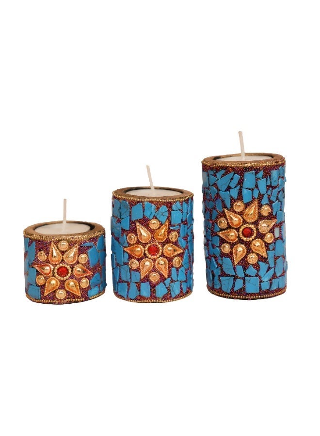 Artezaa Handcrafted Blue Mosaic Stone Work Candle Holder Set of 3 – Decorative Tea-light Holders for Home Décor, Gifting & Festive Lighting - Image 2