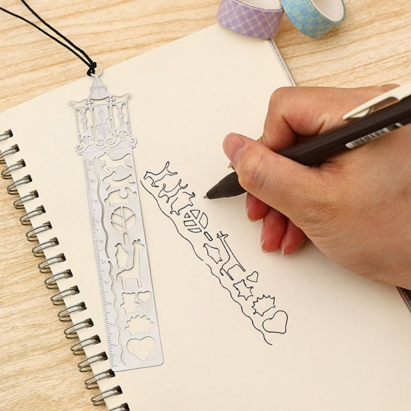النمط ب: علامة كتاب معدنية مع مسطرة مدمجة وتمائم زهور وأسماك وطيور ونجوم - Image 5