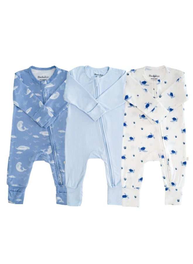 Hushabye – Bamboo Sleepsuit Mix Pack - Dugong / Baby Blue / Turtle - Image 1