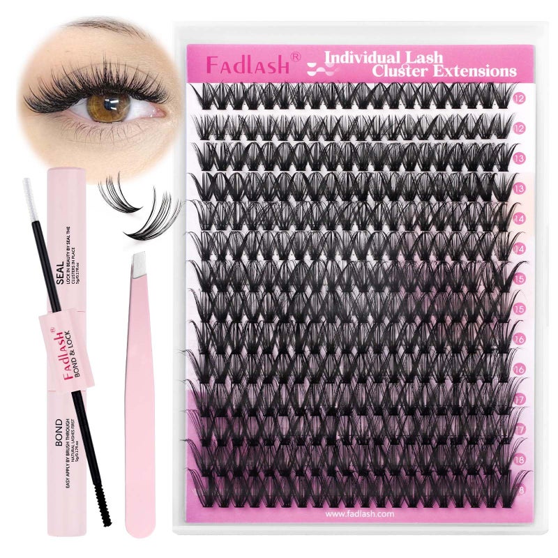 FADLASH Lash Clusters Kit DIY Eyelash Cluster Natural D Curl Lashes Individual Eyelashes Extension with Lash Bond and Seal Tweezers for Beginners (40D-0.07D-12-18MIX KIT) - Image 1