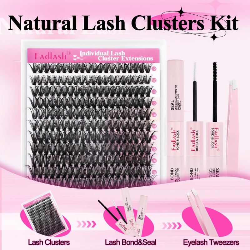 FADLASH Lash Clusters Kit DIY Eyelash Cluster Natural D Curl Lashes Individual Eyelashes Extension with Lash Bond and Seal Tweezers for Beginners (40D-0.07D-12-18MIX KIT) - Image 4