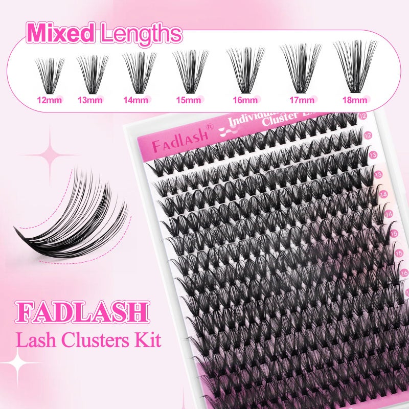 FADLASH Lash Clusters Kit DIY Eyelash Cluster Natural D Curl Lashes Individual Eyelashes Extension with Lash Bond and Seal Tweezers for Beginners (40D-0.07D-12-18MIX KIT) - Image 3