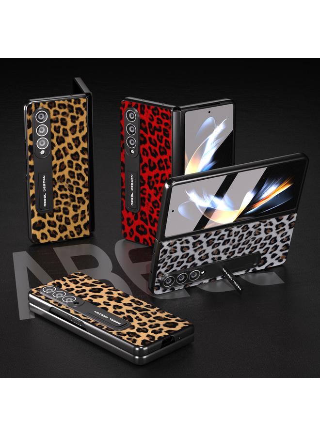 اس-توب جراب لهاتف Samsung Galaxy Z Fold4 5G، جراب هاتف مدمج بحافة سوداء بنقشة جلد الفهد مع حامل - Image 5