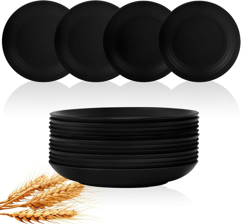Lazycorner Dinner Plates Unbreakable Wheat Straw Plates Kids Plate Set of 12 Alternative for Plastic Plates Reusable Plate for Kitchen Dishwasher Safe (9 Inches-Black) - Image 1