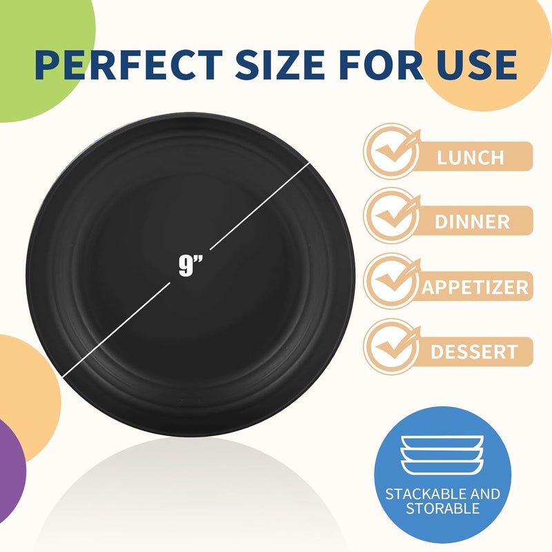 Lazycorner Dinner Plates Unbreakable Wheat Straw Plates Kids Plate Set of 12 Alternative for Plastic Plates Reusable Plate for Kitchen Dishwasher Safe (9 Inches-Black) - Image 2
