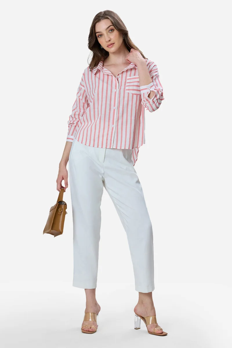 Virgio Stripes Cotton Drop Shoulder Shirt for Women