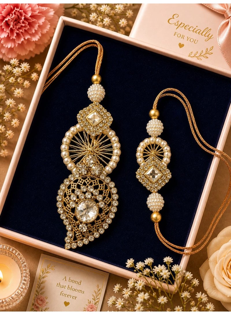 Premium Bhai-Bhabhi Rakhi Set - Gold-Toned, Pearl & Stone Embellished