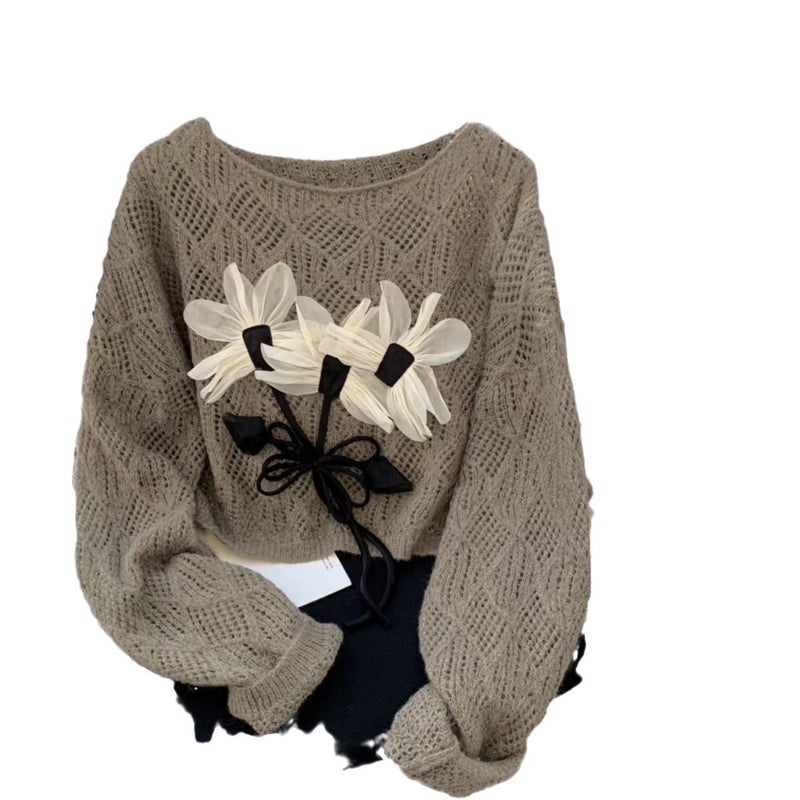 3D Floral Cutout Knit Sweater Long Sleeve Round Neck Cardigan - Image 5