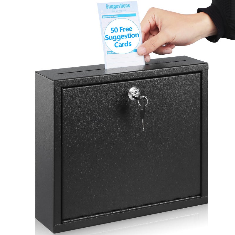 KYODOLED Suggestion Box with Lock and Slot Wall Mounted Small Mailbox for Office Key Drop Box with 50 Free Suggestion Cards Safe Lock Box Ballot Box Donation Box 3W x 10H x 12L Inch Black