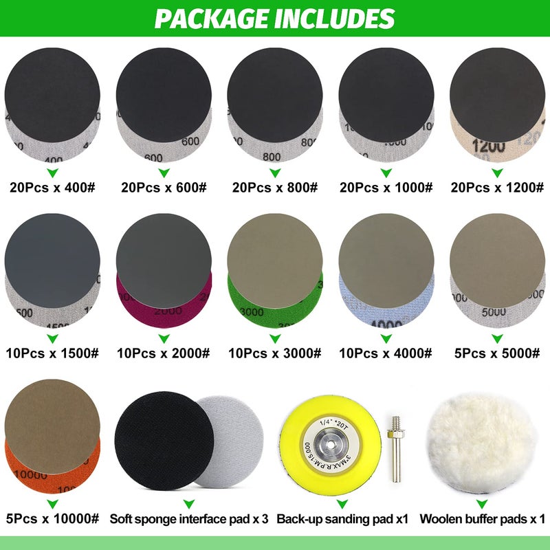 POLIWELL 150 PCS 3 Inch Sanding Discs Silicon Carbide 400-10000 Grits Wet/Dry Hook and Loop Sandpaper for Drill Grinder Rotary Tools with 1/4 in Backing Pad, Wool Pad and 3pcs Soft Foam Pads - Image 5