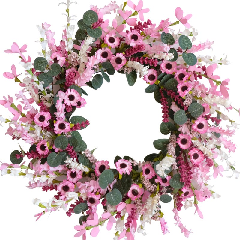 idyllic Idyllic 18 Inch Pink Daisy Wildflowers Spring Summer Wreath for Front Door Pink Lavender Eucalyptus Leaves for Valentine Wedding Faux Flower for Indoor and Outdoor 