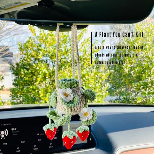 YTYAB Cute Crochet Plant for Car Rear View MirrorBoho Handmade Car Mirror Hanging Accessories for Women GirlsGreen Interior Aesthetic Decor Truck Hanger Ornament Charm for Men Red Strawberry Plant - Image 3