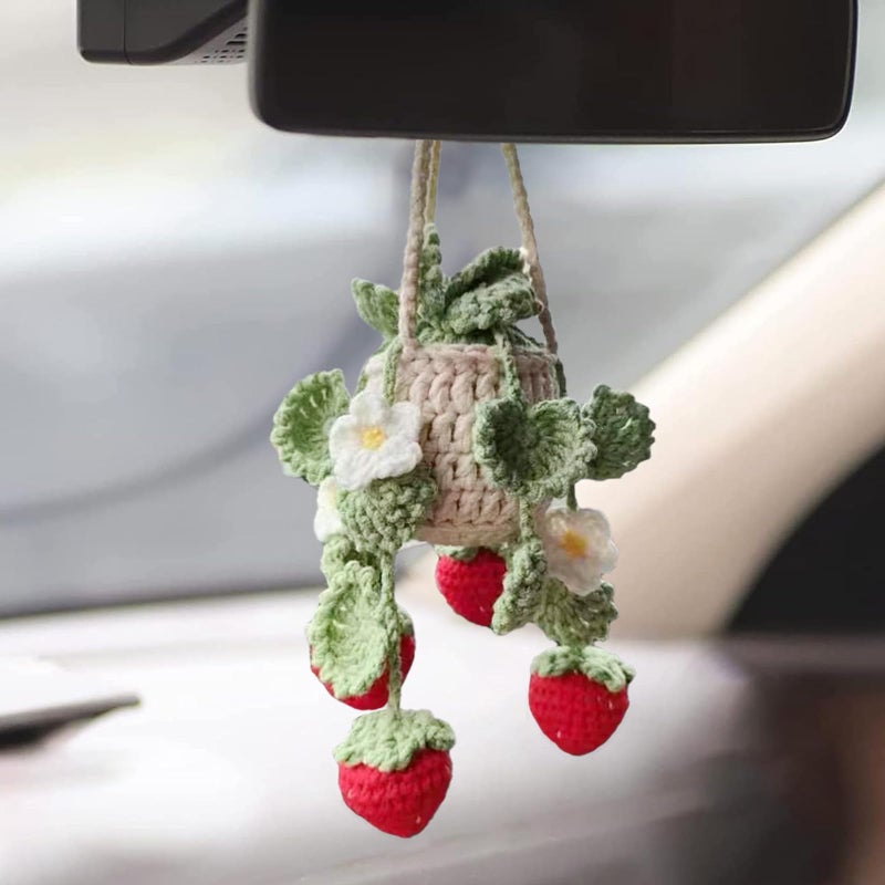 YTYAB Cute Crochet Plant for Car Rear View MirrorBoho Handmade Car Mirror Hanging Accessories for Women GirlsGreen Interior Aesthetic Decor Truck Hanger Ornament Charm for Men Red Strawberry Plant - Image 2