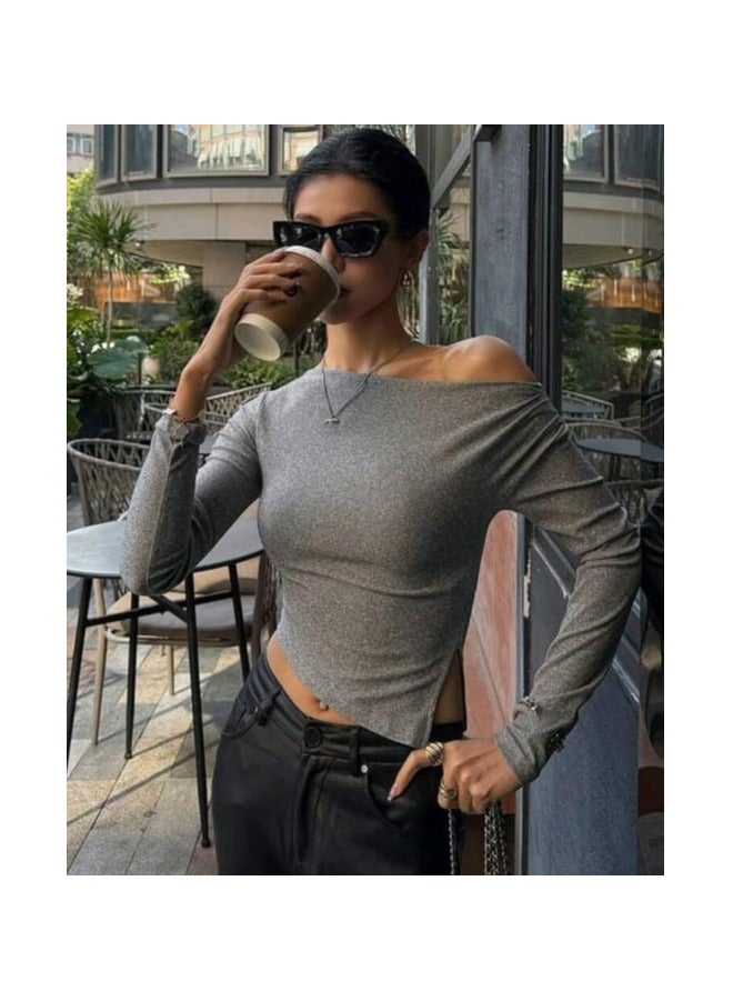 Dazy DAZY Women's Solid Color Asymmetric Hem Fitted Oblique Shoulder Casual T-Shirt, Autumn  - Image 2