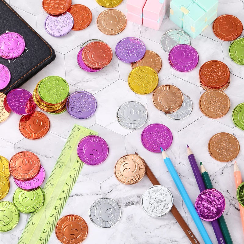 Civaner 100 Pcs Kids Caught Being Good Coins Smile Face Behavior Tokens Classroom Behavior Incentive Plastic Coins Gift Reward Tokens for School Student Prize Play Counting Party Supplies - Image 3