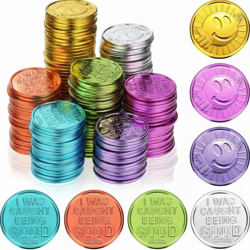 Civaner 100 Pcs Kids Caught Being Good Coins Smile Face Behavior Tokens Classroom Behavior Incentive Plastic Coins Gift Reward Tokens for School Student Prize Play Counting Party Supplies - Image 1