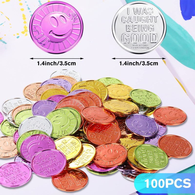 Civaner 100 Pcs Kids Caught Being Good Coins Smile Face Behavior Tokens Classroom Behavior Incentive Plastic Coins Gift Reward Tokens for School Student Prize Play Counting Party Supplies - Image 2