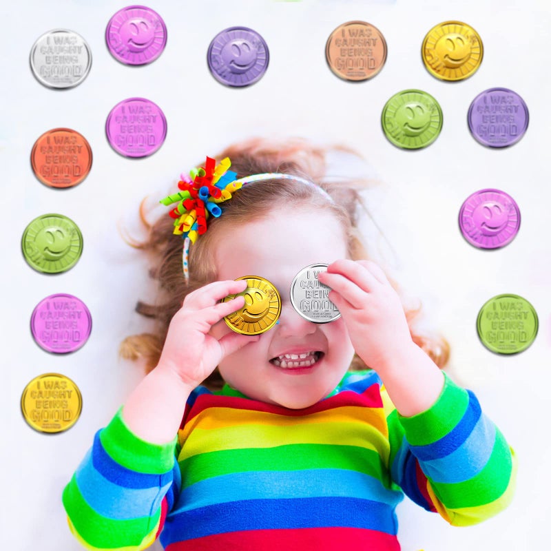 Civaner 100 Pcs Kids Caught Being Good Coins Smile Face Behavior Tokens Classroom Behavior Incentive Plastic Coins Gift Reward Tokens for School Student Prize Play Counting Party Supplies - Image 5