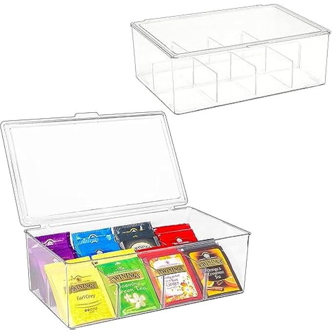NALACAL منظم أكياس الشاي، صندوق تخزين شاي أكريليك شفاف مع غطاء، حامل أكياس شاي بلاستيكي، منظم شاي قابل للتكديس لأكياس الشاي، موزع حاوية لخزانة المؤن، سطح الطاولة شفاف - Image 1