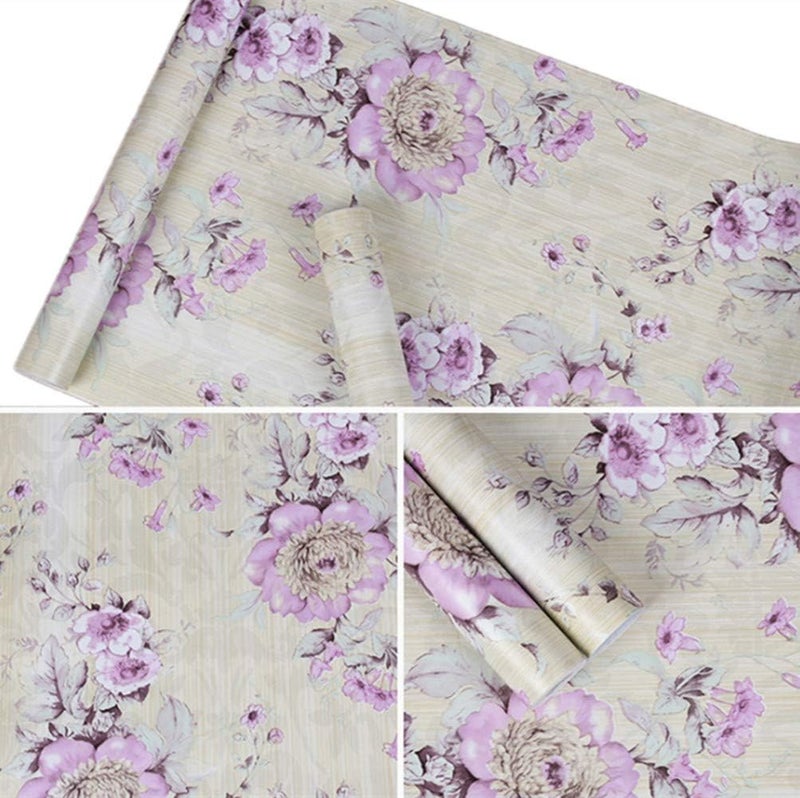Amao Amhao Floral Purple Prepasted Wallpaper Self Adhesive Paper Film Vinyl Sticker Decal for Cabinet Drawer Shelf Liner 17.7inch by 98inch - Image 2
