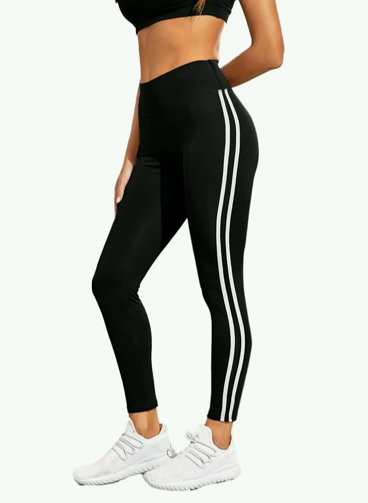 Perfectory Women's Athletic Leggings with Double White Stripes, High Waist Workout Tights- Black  - Image 1