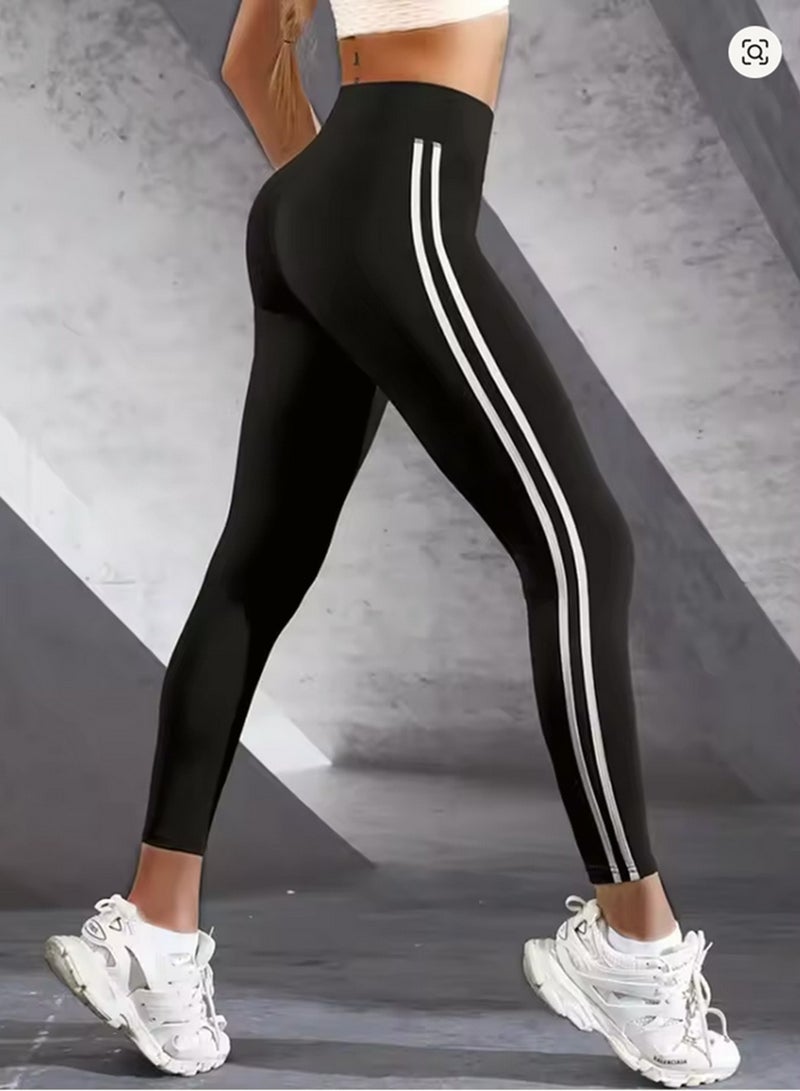 Perfectory Women's Athletic Leggings with Double White Stripes, High Waist Workout Tights- Black  - Image 2