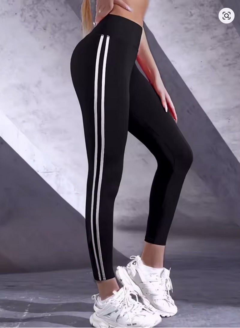 Perfectory Women's Athletic Leggings with Double White Stripes, High Waist Workout Tights- Black  - Image 3