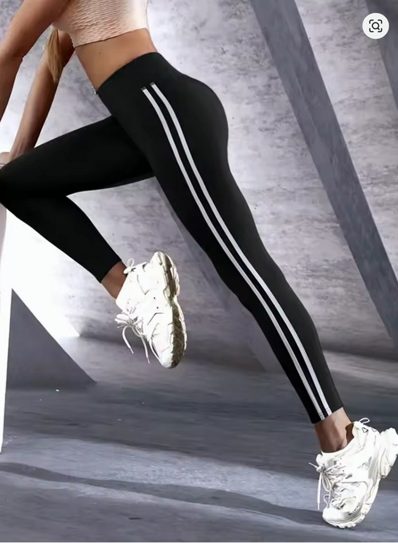 Perfectory Women's Athletic Leggings with Double White Stripes, High Waist Workout Tights- Black  - Image 5