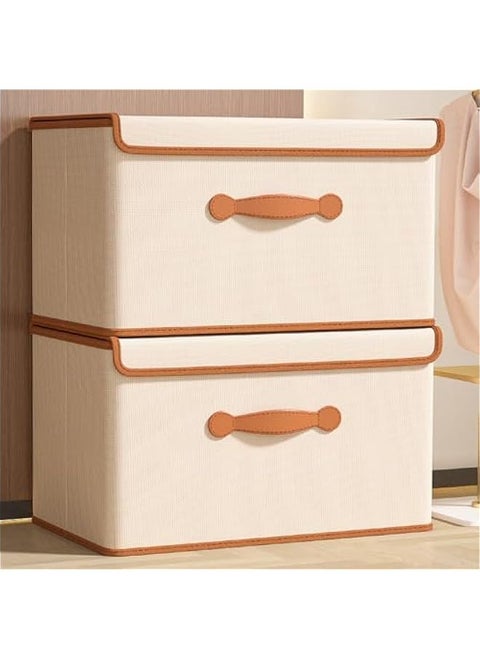 Storage Box with Lids, Cube Storage Bin, Cotton Linen Fabric Organizer Box with PU Leather Handles, Foldable Washable Decorative Storage Bins with Lids