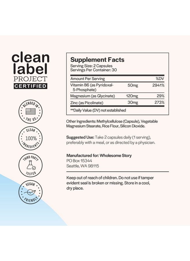 Wholesome Story - 3In1 Zinc Picolinate Magnesium Glycinate Supplements With Vitamin B6; Magnesium And Zinc Vitamin; Reproductive & Fertility Health Hormone Balance Immune System Support; 60 Vegetarian Capsules - Image 1