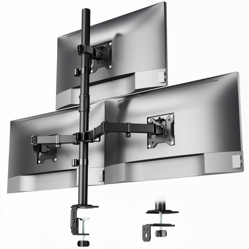 monTEK Triple Monitor Stand Mount, Fully Adjustable Desk Mount for 3 Screen up to 17â€-32â€ and 22lbs Capacity Each Arm, Stable Monitor Arm with C Clamp and Grommet Base, VESA 75x75mm/100x100mm - Image 1