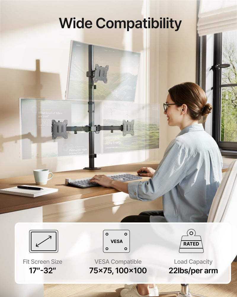 monTEK Triple Monitor Stand Mount, Fully Adjustable Desk Mount for 3 Screen up to 17â€-32â€ and 22lbs Capacity Each Arm, Stable Monitor Arm with C Clamp and Grommet Base, VESA 75x75mm/100x100mm - Image 2