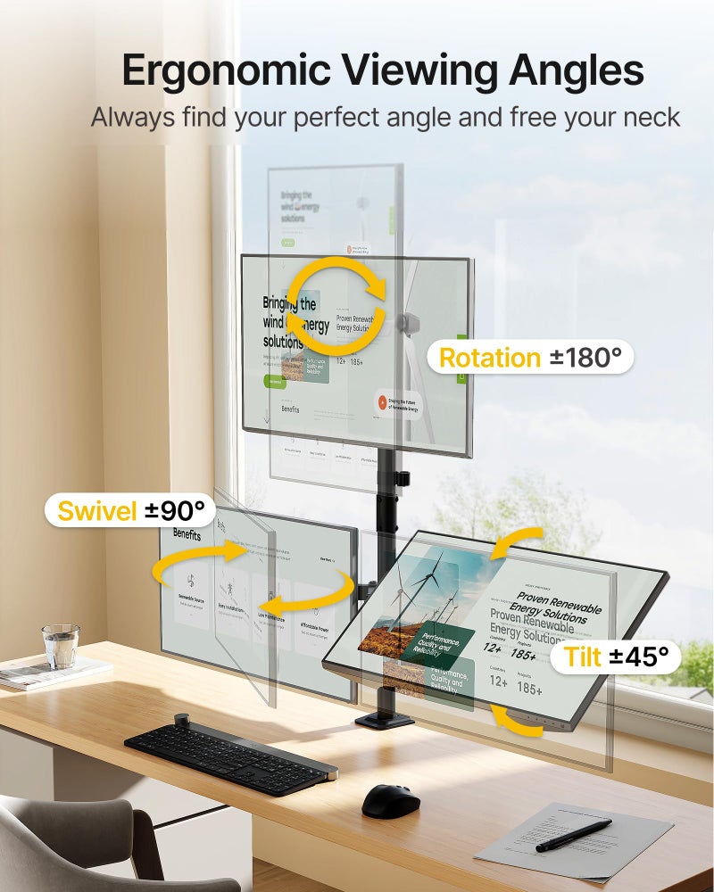 monTEK Triple Monitor Stand Mount, Fully Adjustable Desk Mount for 3 Screen up to 17â€-32â€ and 22lbs Capacity Each Arm, Stable Monitor Arm with C Clamp and Grommet Base, VESA 75x75mm/100x100mm - Image 4