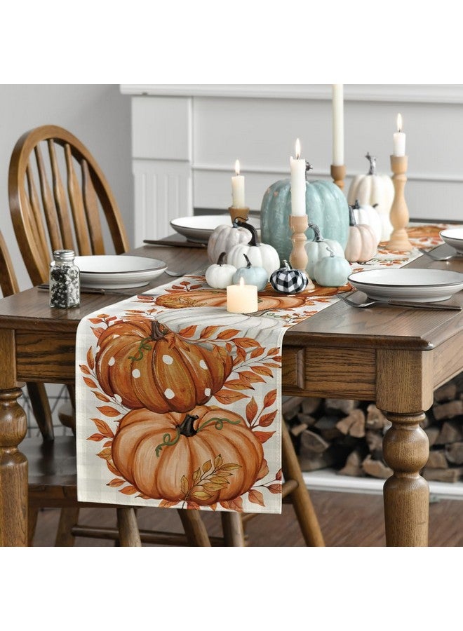 Artoid Mode Buffalo Plaid Orange Pumpkins Eucalyptus Fall Table Runner, Autumn Thanksgiving Kitchen Dining Table Decoration for Home Party Decor 13x72 Inch - Image 3
