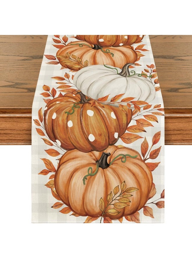 Artoid Mode Buffalo Plaid Orange Pumpkins Eucalyptus Fall Table Runner, Autumn Thanksgiving Kitchen Dining Table Decoration for Home Party Decor 13x72 Inch - Image 1