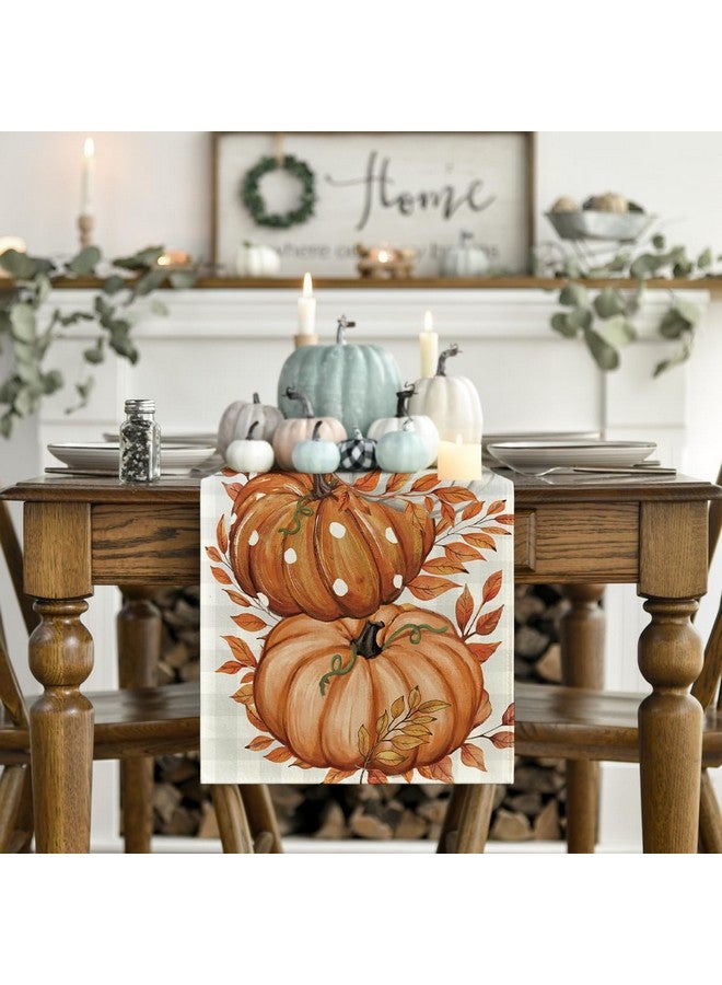 Artoid Mode Buffalo Plaid Orange Pumpkins Eucalyptus Fall Table Runner, Autumn Thanksgiving Kitchen Dining Table Decoration for Home Party Decor 13x72 Inch - Image 2