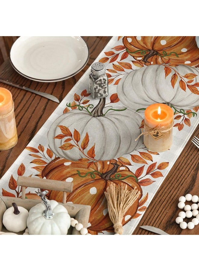 Artoid Mode Buffalo Plaid Orange Pumpkins Eucalyptus Fall Table Runner, Autumn Thanksgiving Kitchen Dining Table Decoration for Home Party Decor 13x72 Inch - Image 4