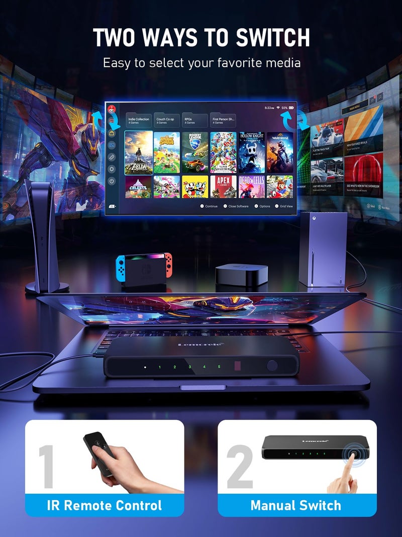 Lemorele HDMI Splitter HDMI Switch 5 in 1 Out, Lemorele 4K HDMI Switcher with Remote Controller (Batteries not Included) - Image 4