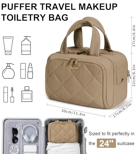 Bagstellar Travel Toiletry Bag Large Wideopen Puffy Toiletry Bag for Women Lightweight Quilted Makeup Bag Cosmetic Organizer with Handle Waterresistant Travel Essentials for Toiletries Accessories Khaki - Image 3